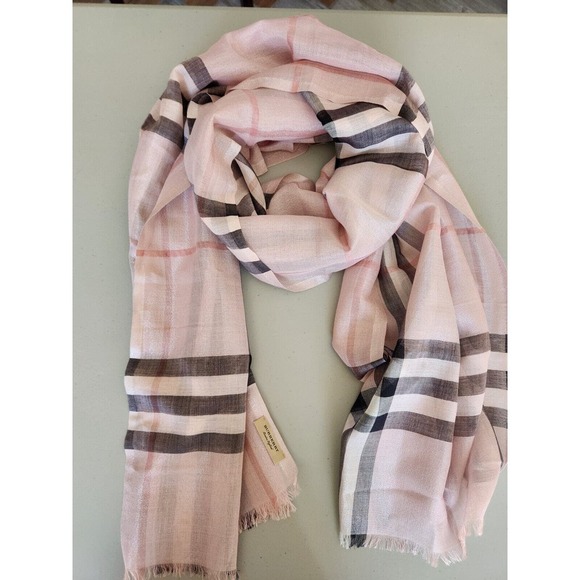 Burberry Lightweight Giant Check Wool Silk Viscose Scarf 84.6'' x 27.6'' Pink - Picture 14 of 16